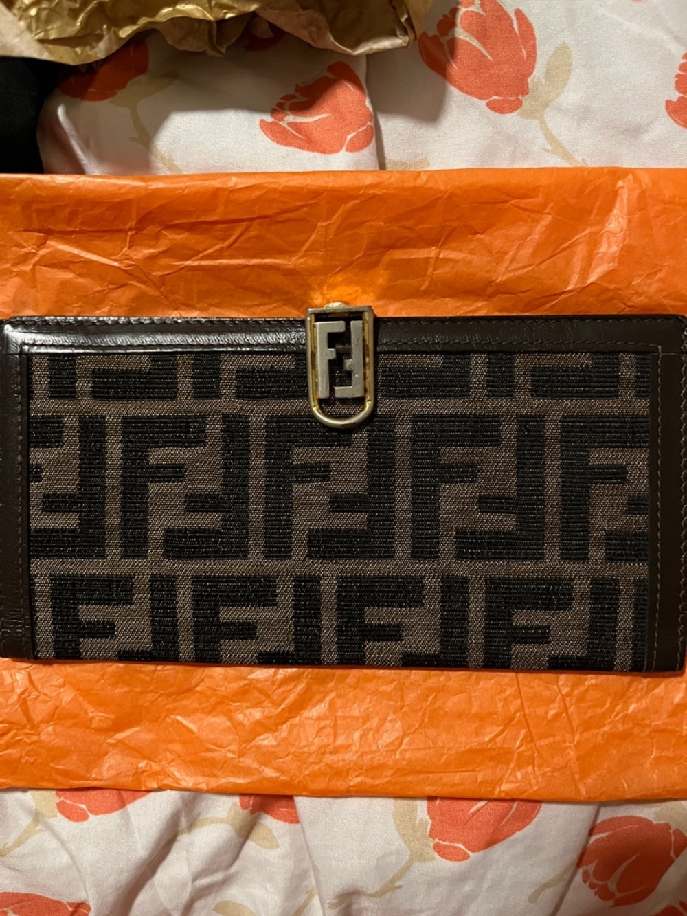 Fendi FF Jacquard Continental Wallet in Brown and Black with Gold Hardware